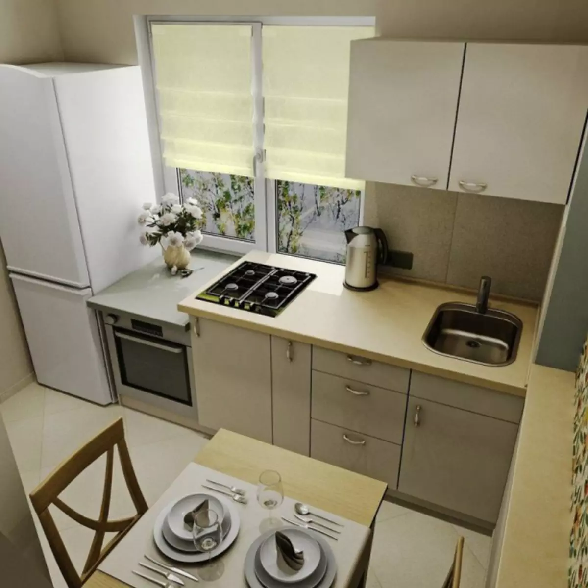 Come eseguire un design da cucina in 6 mq Khrushchev con un frigorifero