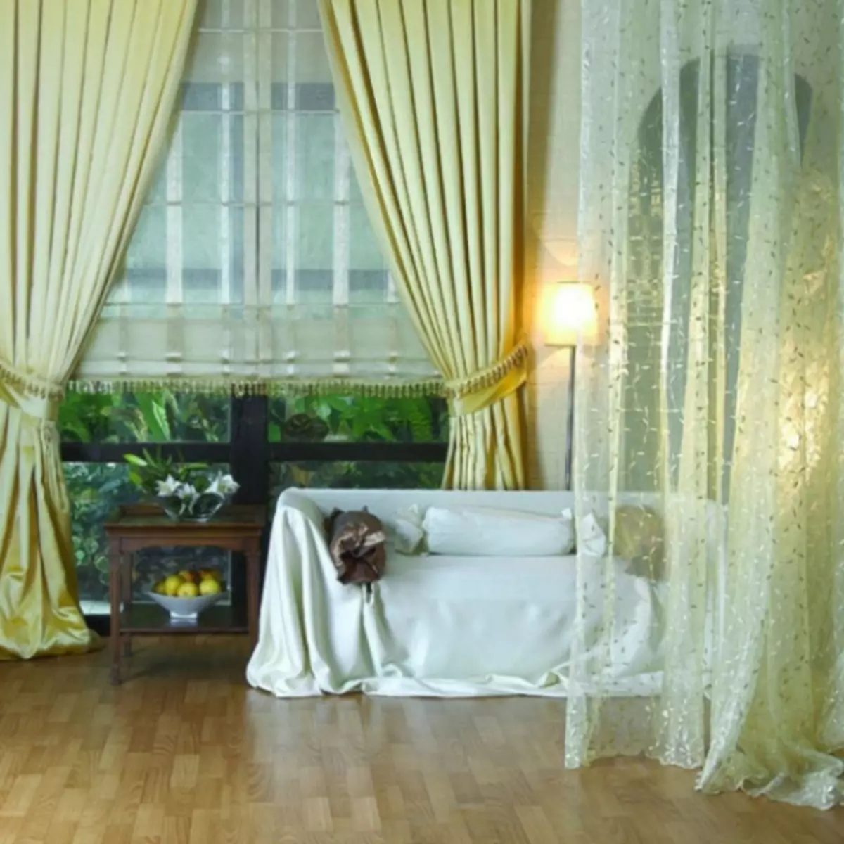 Olive curtains in the bedroom, living room and kitchen - best solutions