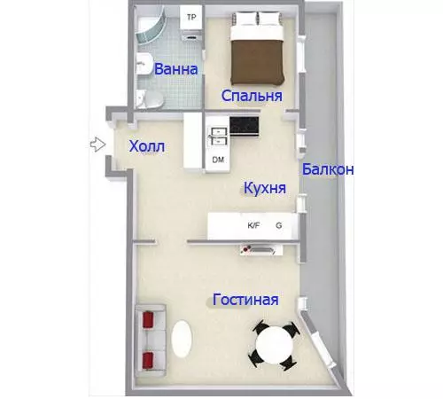 Kétszobás apartman belső kialakítása 45 m2