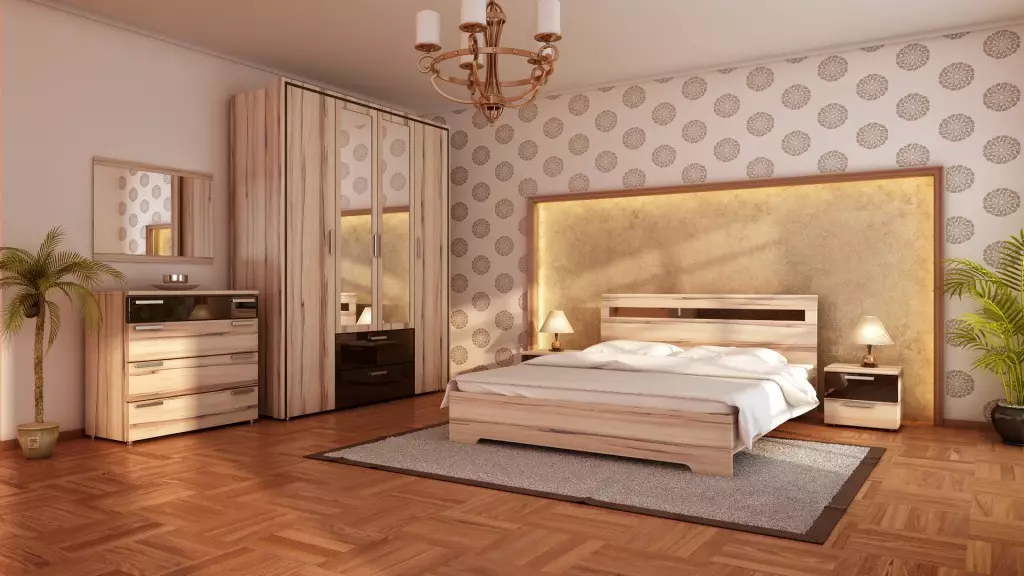 Dormitorio interior con papel tapiz Dos tipos.