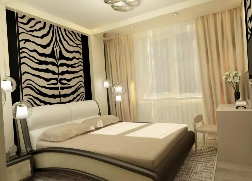 Dormitorio interior con papel tapiz Dos tipos.