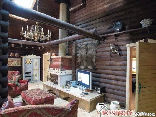 Interior de la casa de madera. Estilos de diseño. Foto