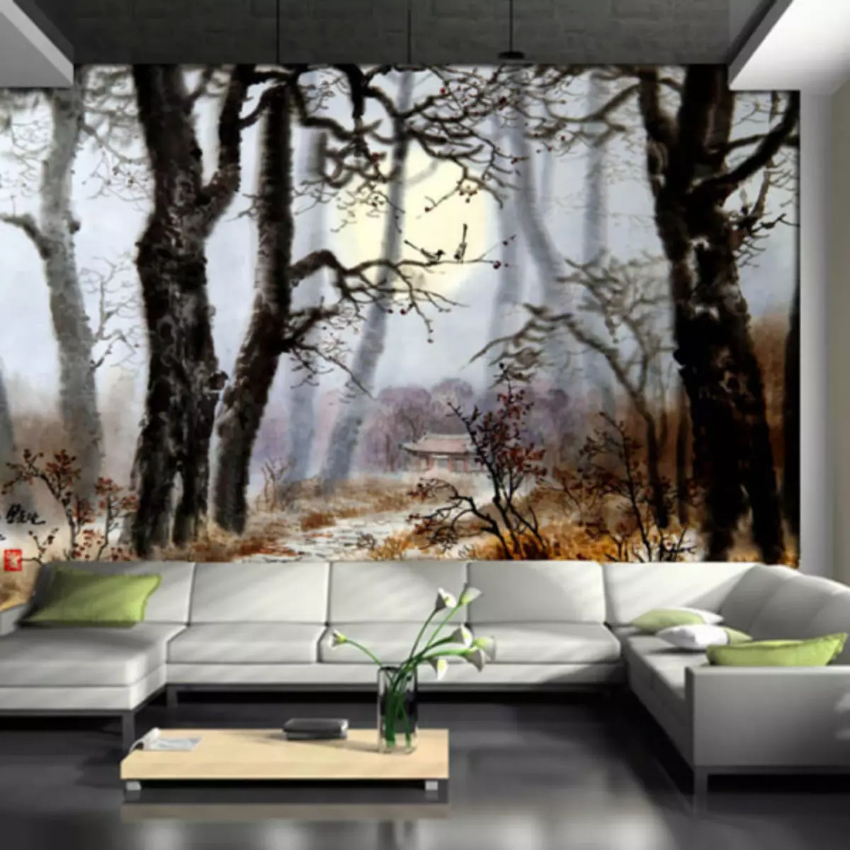 Fondo de pantalla con árboles en la pared creará un ambiente increíble de descanso y descanso.