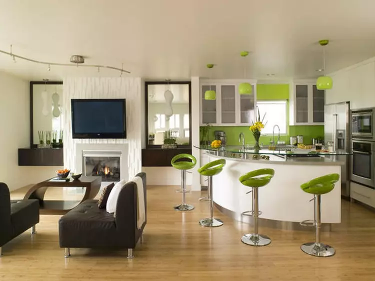 ห้องนั่งเล่นออกแบบรวมกับห้องครัว: ไอเดียสำหรับการแบ่งเขต (37 รูป)