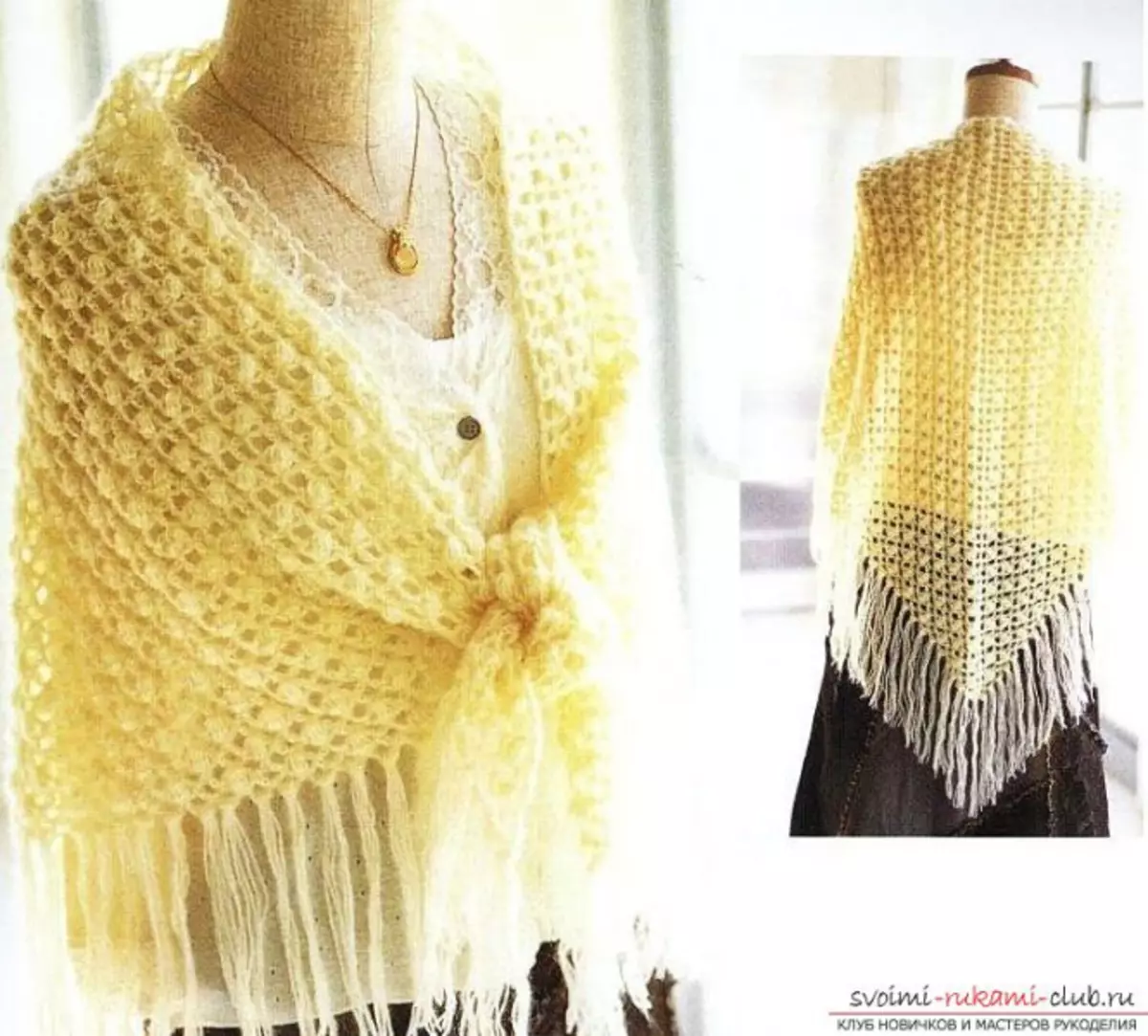 Triangular crochet shawl nga adunay usa ka laraw ug paghulagway alang sa mga nagsugod
