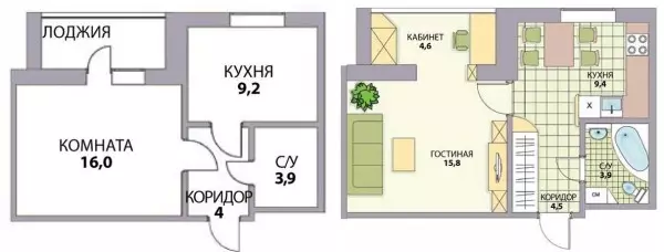 Opsi pangowahan Khrushchev: 1, 2, 3, 4 - X kamar, foto sadurunge lan sawise