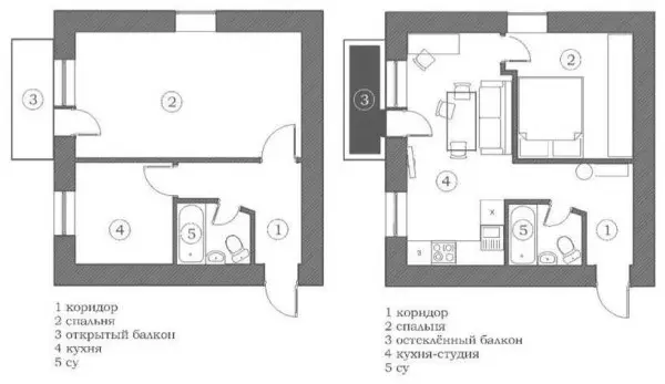 O'zgartirish variantlari Xrushchev: 1, 2, 3, 4 - X Xona, Fotosuratdan oldin va keyin