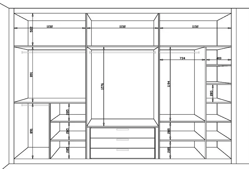 Drawing of a wardrobe with dimensions