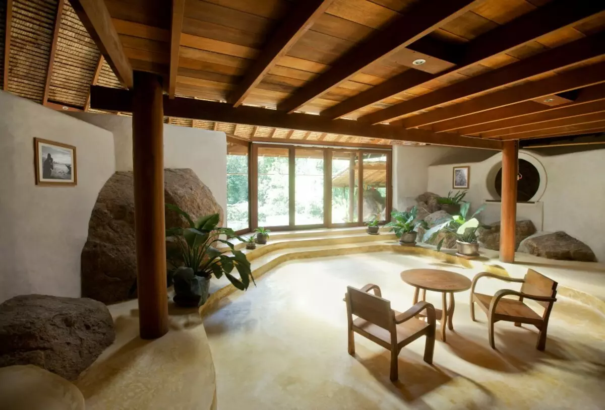 Dzīvojamā istabas dizains ar akmens un koka apdari