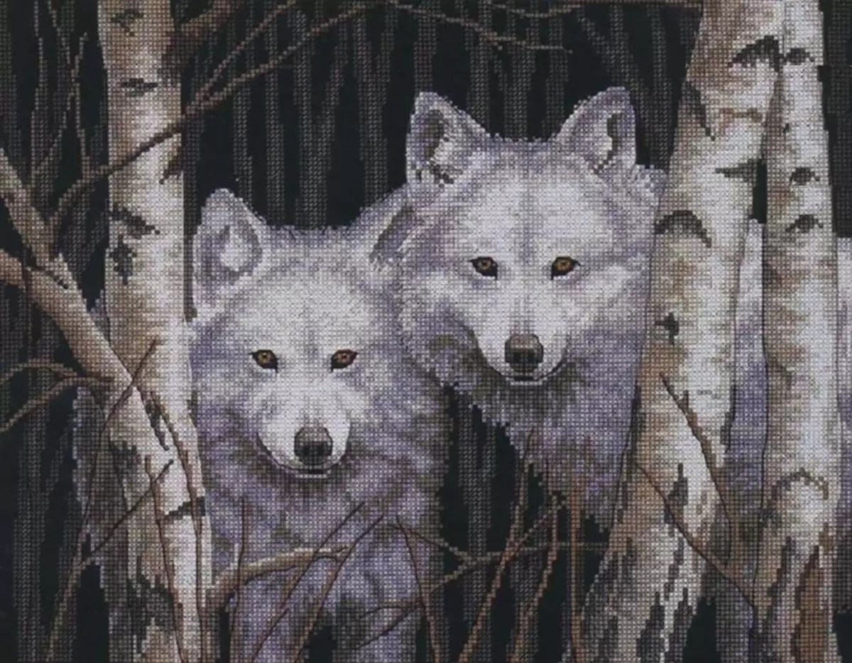 Cross Embroidery Wolves: مخططات زوجين، مخططات Catherine Wolver، حقوق الطبع والنشر مجانا، أبيض سعيد