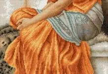 একটি ক্রস স্কিমের সাথে সূচিকর্ম: একটি টুপি পুরুষ এবং মহিলা, লাল, জগ এবং সাইক্লিংয়ের সাথে, ছাতা দিয়ে