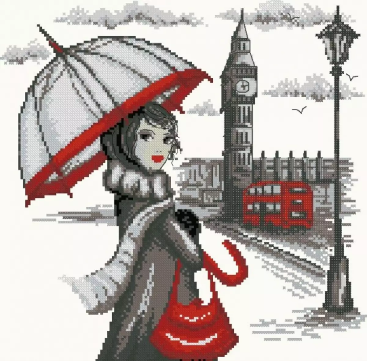 Vezenje s križnim shemo: v klobuku in ženski, se postavi v rdeči, z vrč in kolesarjenjem, z dežnik