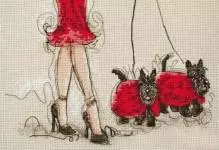 Broderie avec un schéma transversal: dans un chapeau homme et femme, se couche en rouge, avec pichet et cyclisme, avec parapluie