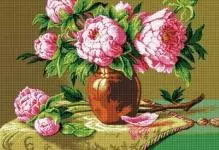 Poloss-Emroidery Peony: Merero ea Pele ea Pele, Le lokolloe, mahala, vase le foto, morero oa Riolis, ho bolelang