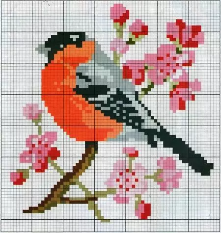 Bird Broderi Cross Ordninger: Gratis Firebird on Branch, sett med blomster av lykke, svart og hvitt nedlasting