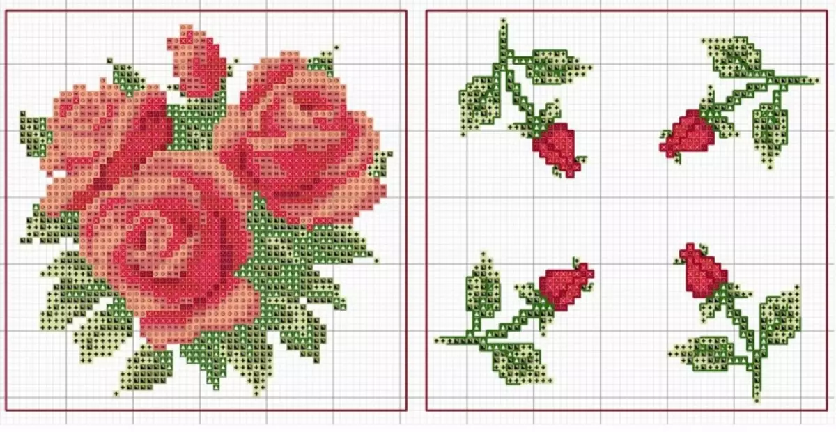 Schemes Roses Cross-Stitch: Ji bo destpêkan, çay di vase, kulîlkek li basket, dakêşana spî, zer