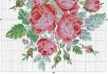 Izikimu zeRoses-stitch roses: Mahhala Wabasaqalayo, itiye evaleni, isimbali kubhasikidi, okumhlophe
