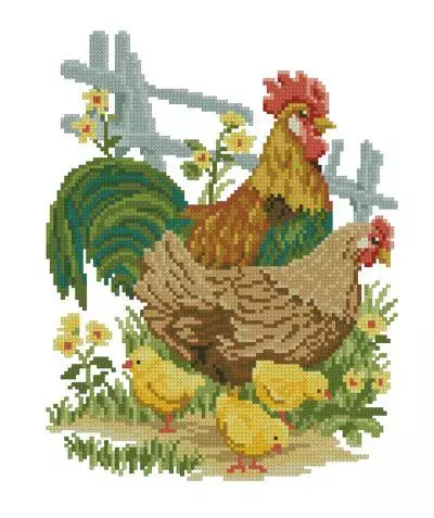 Cock Stitch Cross Scheme: Gratis download, sæt af vintage, gylden kylling, artikler og mini diagrammer med måne