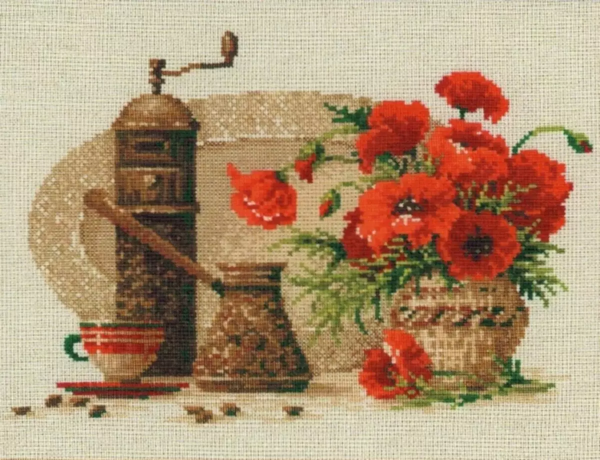 Macên Cross-Embroidery: Diagram ji bo belaş, setên zeviyê poppy, scarlet riothis, li ser black chamomile sor dakêşin