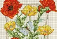 Macên Cross-Embroidery: Diagram ji bo belaş, setên zeviyê poppy, scarlet riothis, li ser black chamomile sor dakêşin