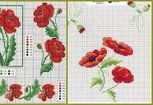 Macên Cross-Embroidery: Diagram ji bo belaş, setên zeviyê poppy, scarlet riothis, li ser black chamomile sor dakêşin