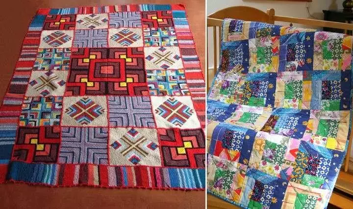 Mechas de mosaico: foto de patchwork, colcha para bebé en el estilo de patchwork, plaid acolchado, clase magistral de jeans en la cama, tango, ganchillo, video