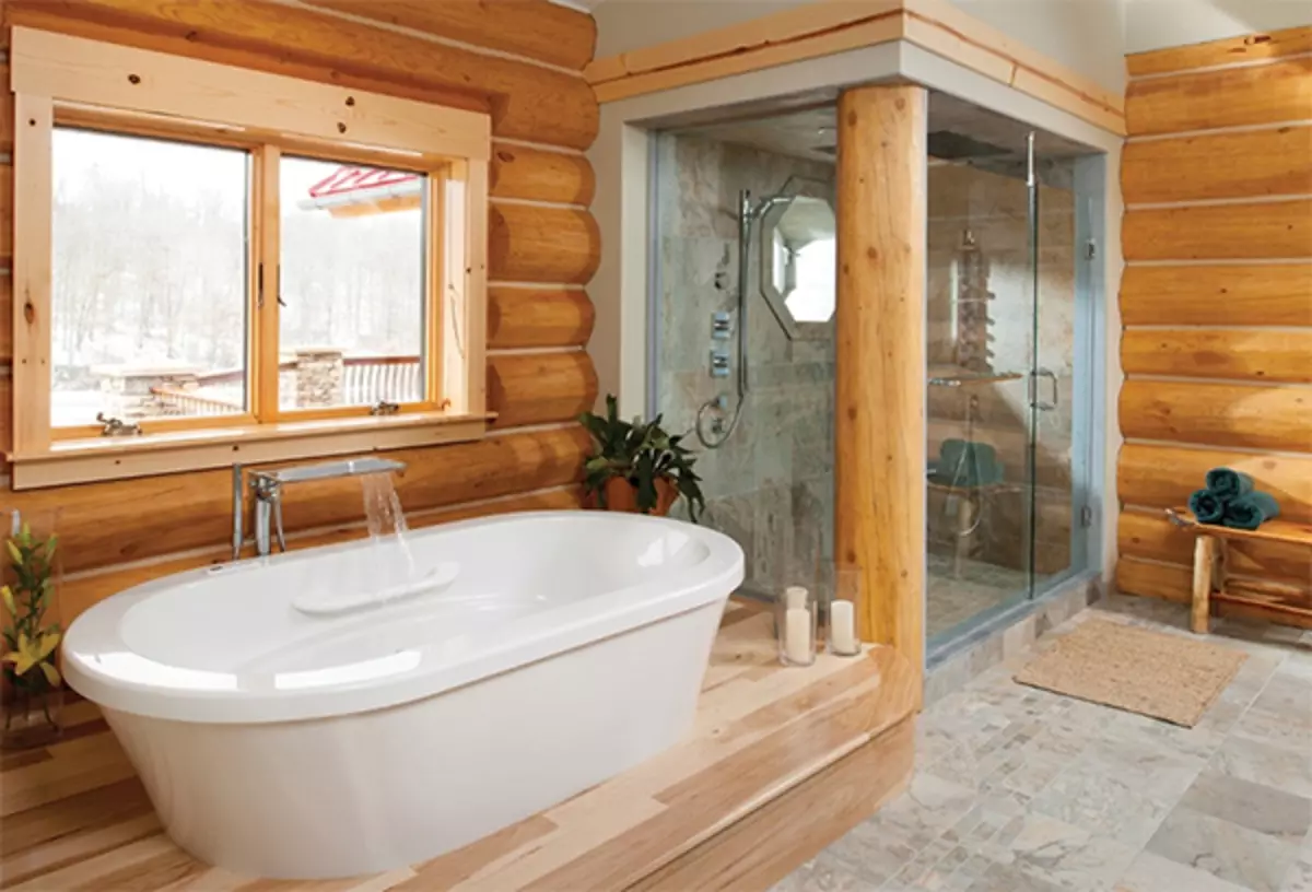 Sprchová kabina v dřevěném domě