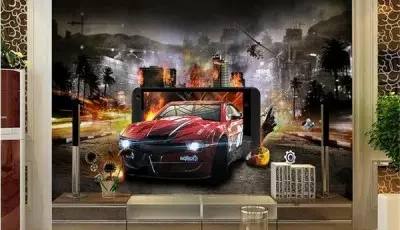 दीवार पर कारों के साथ दीवार भित्तिचित्र