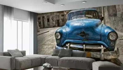 Mural dinding dengan mobil di dinding