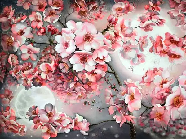 Sakura li ser dîwêr - bi destên xwe dikişîne