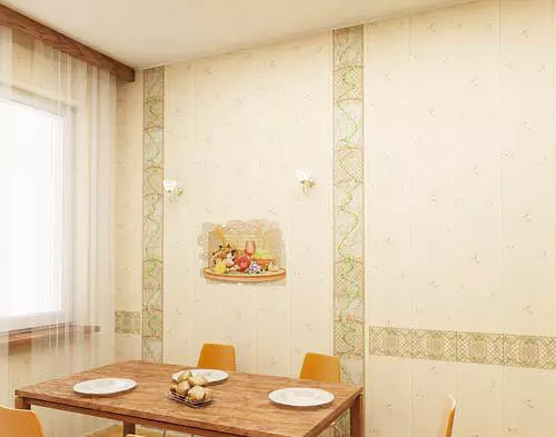 Panel PVC untuk dapur: Foto selesai di dapur dengan panel dinding, selimut, instalasi video