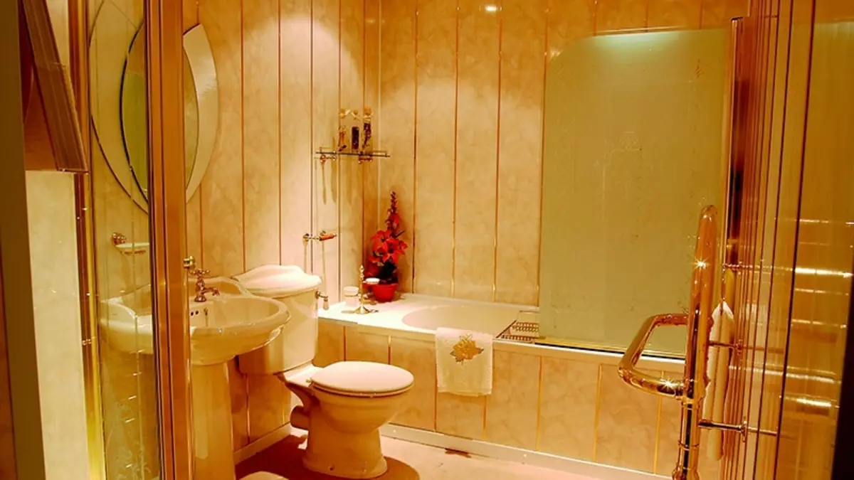 Toiletbehandling med plastikpaneler: Interiørdesign Foto