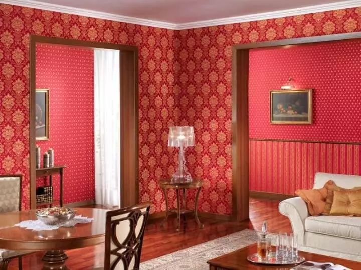 Wallpapers kuqe në brendësi: foto, e zezë për muret, të cilat perde janë të përshtatshme, mamuth të bardhë, sfond, ngjyra, poppies me ari, nën një tullë, për kuzhinë, video