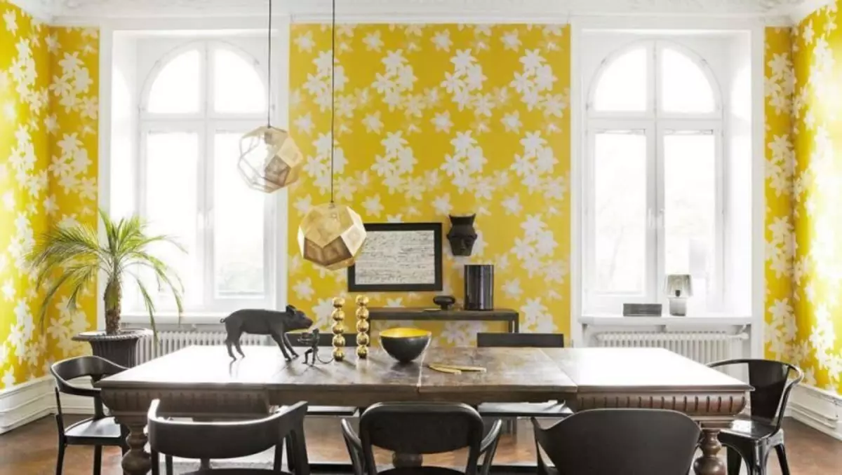 Wallpaper Kuning: Foto Di Interior, Emas Untuk Dinding, Buku, Warna, Pirang, Apa Perabot Warna Cocok Untuk Wallpaper Kuning, Video