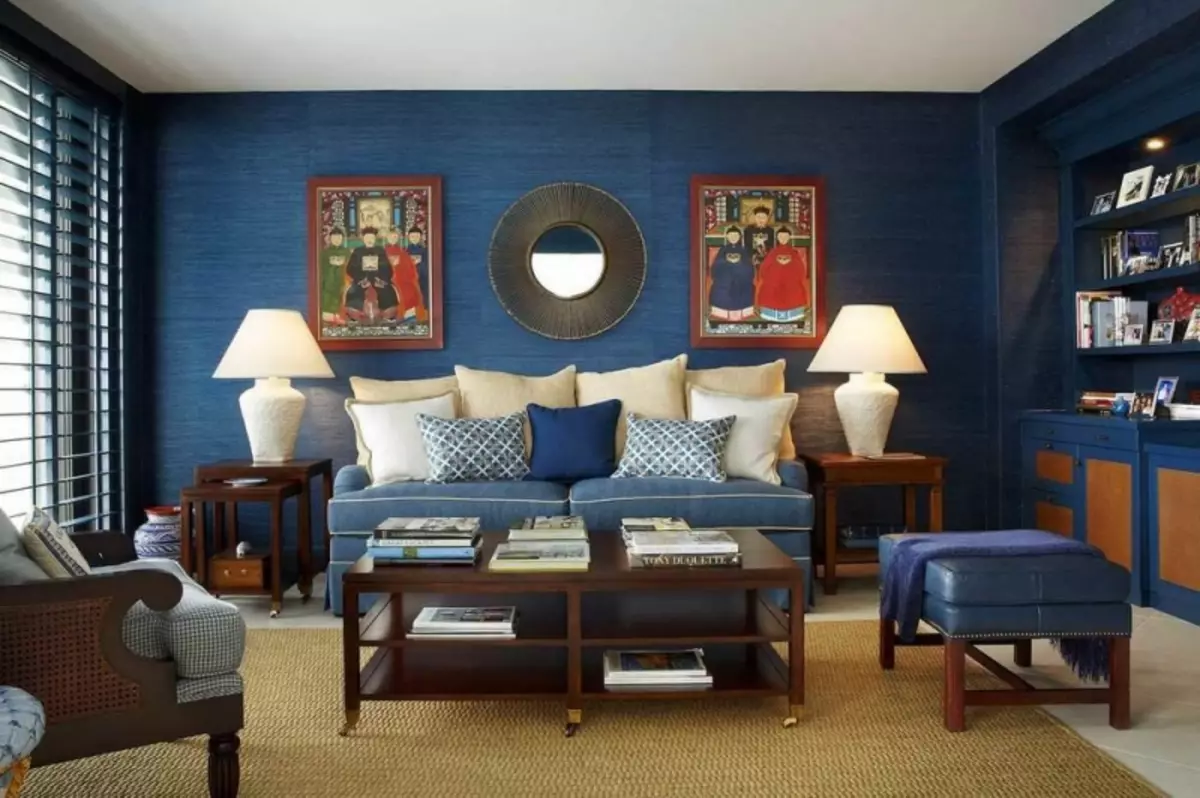 Сині шпалери: фото для стін, в інтер'єрі, темний колір, фон білий, кімната з золотом, чорні з квітами, сіро жовті, блакитні, зелені, відео