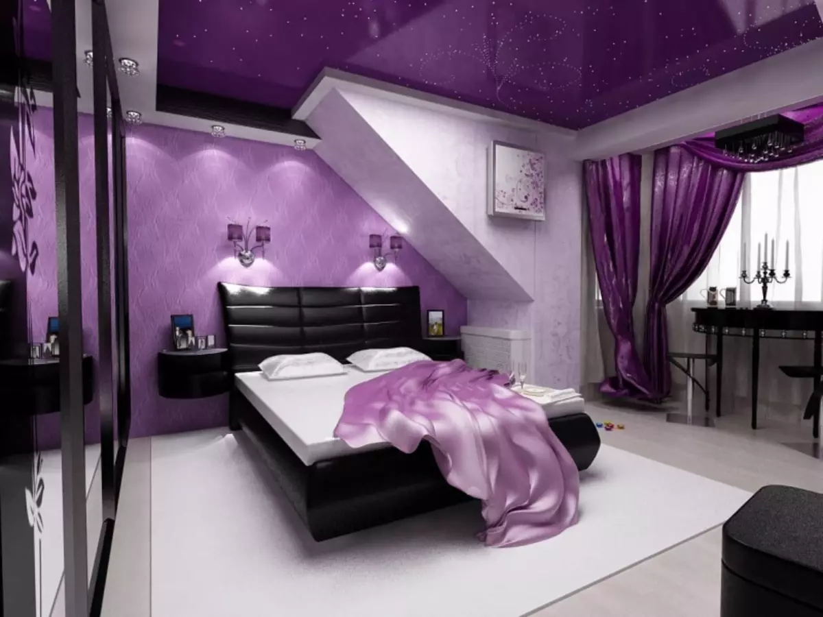 Темная красивая комната. Сиреневая спальня. Фиолетовая спальня. Спальня в фиолетовом цвете. Интерьер комнаты в фиолетовом цвете.