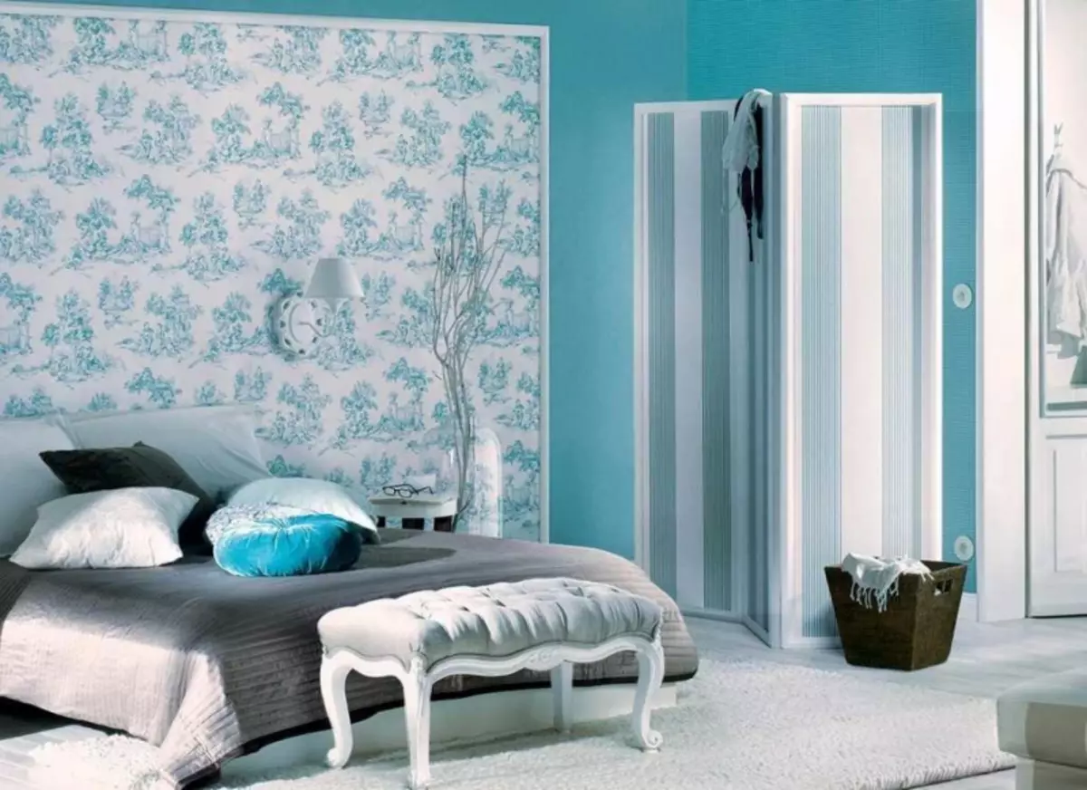 Türkis-Wallpapers: Foto im Inneren, für Wände Farbe, mit braunem Muster, Raum, weißer Türkis mit Blumen, Vorhänge im Schlafzimmer, beige, Video