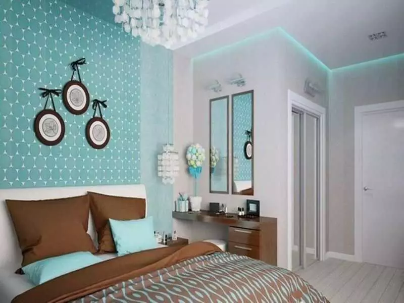 טפטי טורקיז: תמונה בפנים, לקירות צבע, עם תבנית חומה, חדר, טורקיז לבן עם פרחים, וילונות בחדר השינה, בז ', וידאו