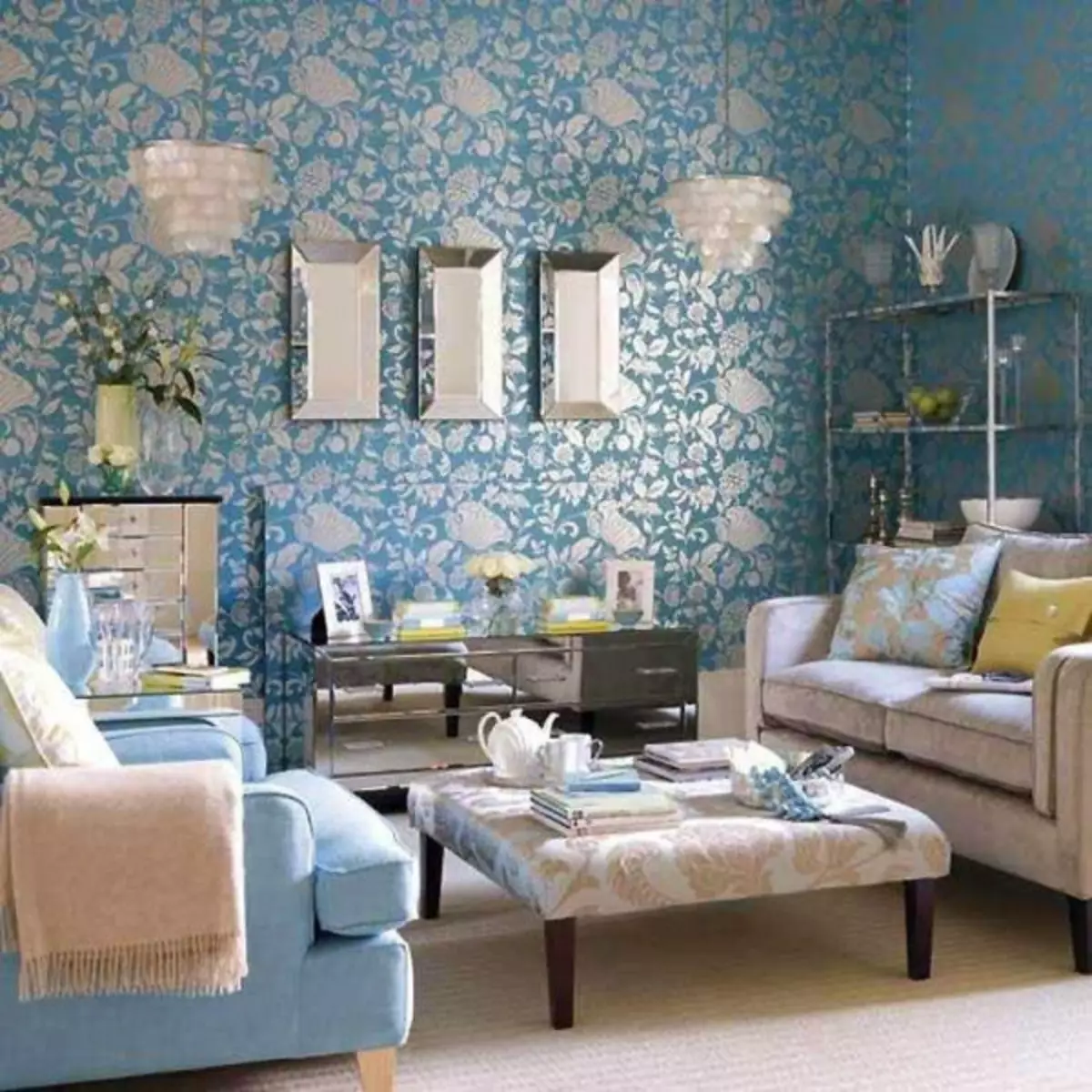 Tyrkysové tapety: Foto v interiéri, pre steny farby, s hnedým vzorom, izba, biela tyrkysová s kvetmi, záclony v spálni, béžová, video