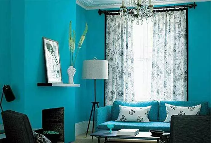Turquoise wallpapers: photo in the interior, for walls color, with brown pattern, room, white turquoise with flowers, curtains in bedroom, beige, video