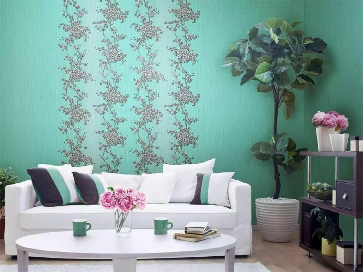 Wallpaper Turquoise: Foto Di Interior, Untuk Warna Dinding, Dengan Pola Coklat, Kamar, Turquoise Putih dengan Bunga, Tirai Di Kamar Tidur, Beige, Video