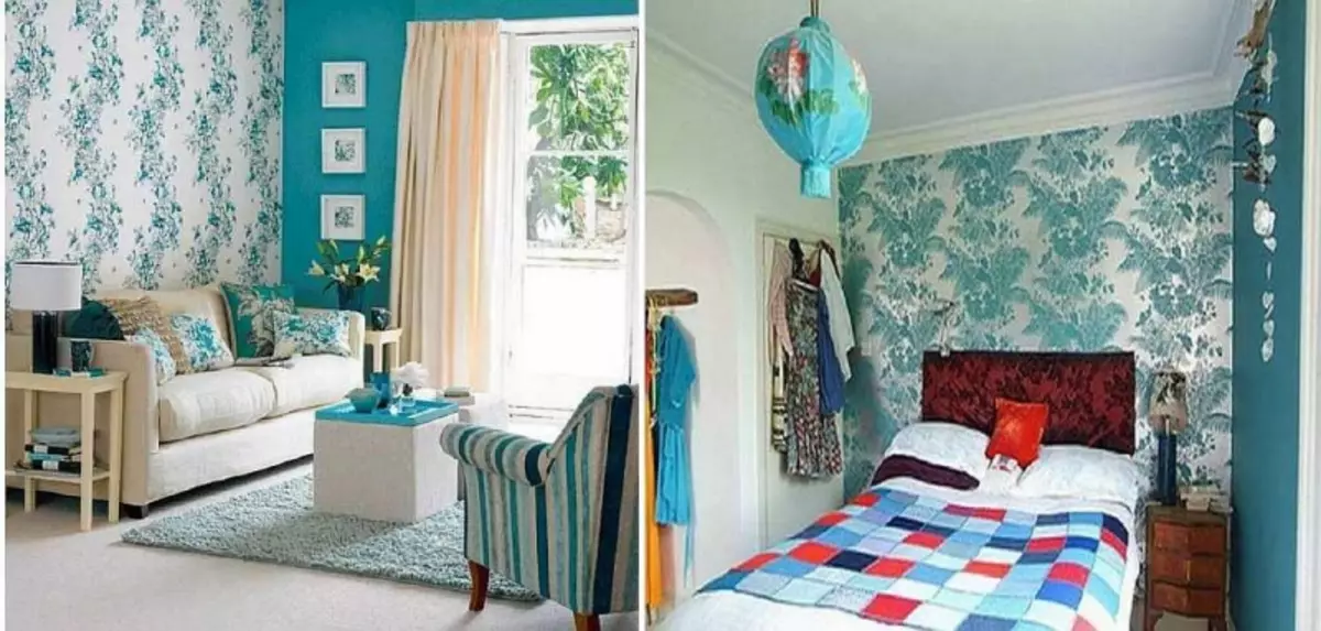 Türkis-Wallpapers: Foto im Inneren, für Wände Farbe, mit braunem Muster, Raum, weißer Türkis mit Blumen, Vorhänge im Schlafzimmer, beige, Video