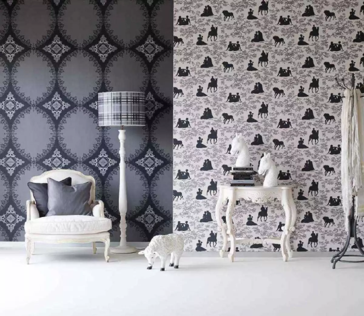 Interior de la habitación con dos tipos de papel tapiz: Cómo castigar, foto, combinación, selección de colores, compañeros, ejemplos para dormitorio, diseño, cómo ir, video