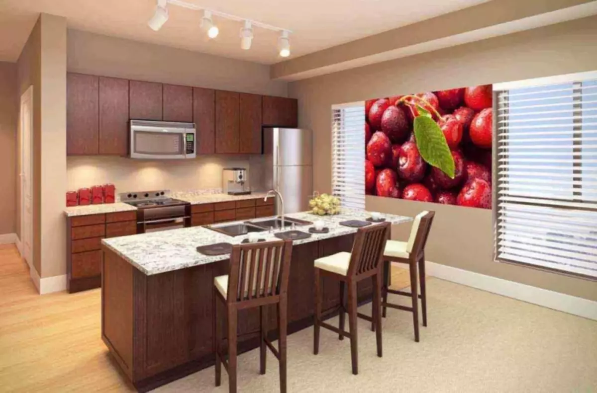 Kuva taustakuvat keittiössä seinällä: 3d keittiö punainen, valokuva taustakuva, koristelu, design, sisustus, video