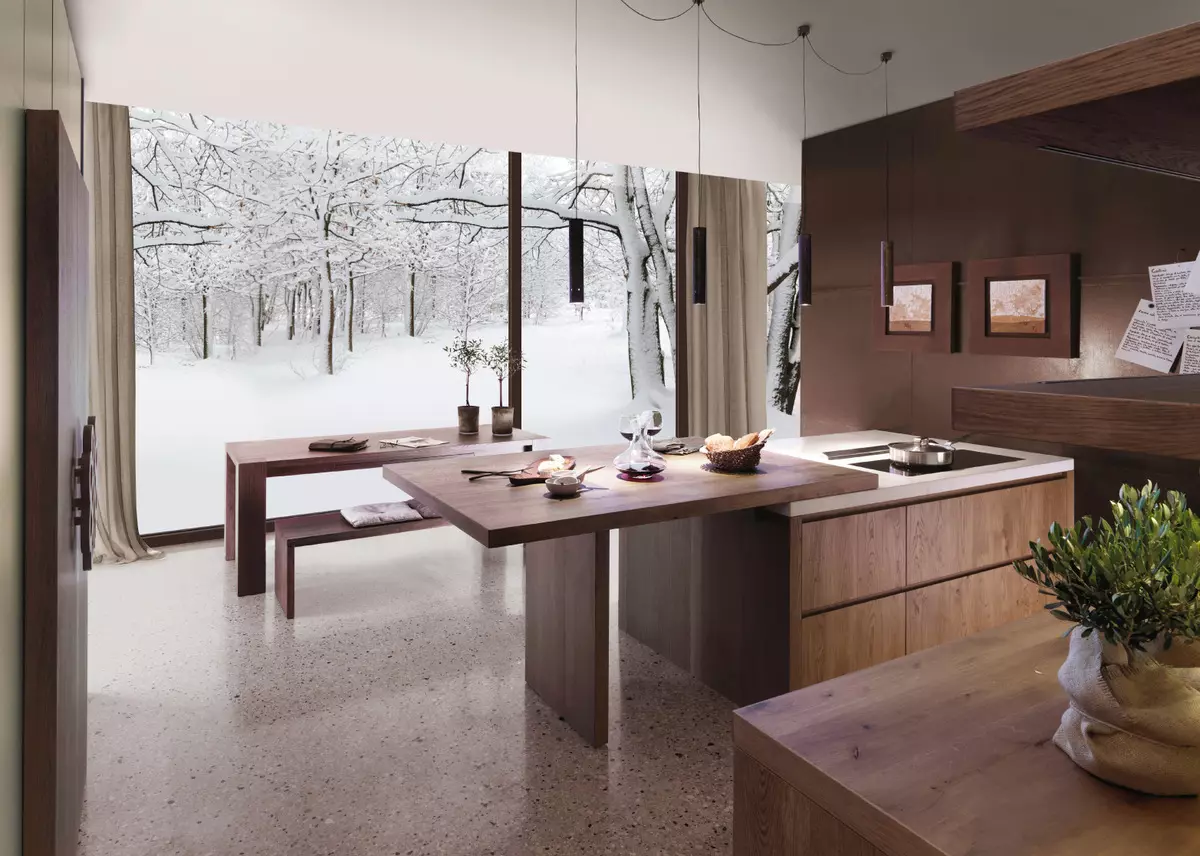 Pohon di dapur interior: gaya ramah lingkungan modern