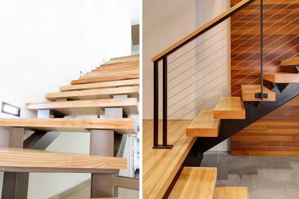 Escaleras en marco de metal con pasos de madera.