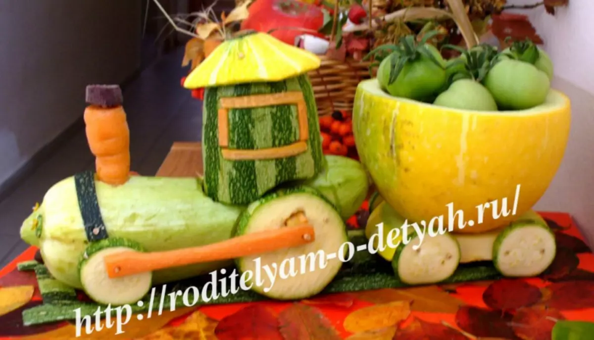 Kerajinan dari sayur-sayuran dan buah-buahan ke pameran untuk sekolah dengan foto dan video