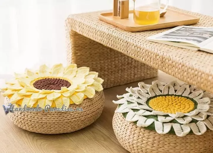 Sunflower crochet. Lafiny haingon-trano ho an'ny seza