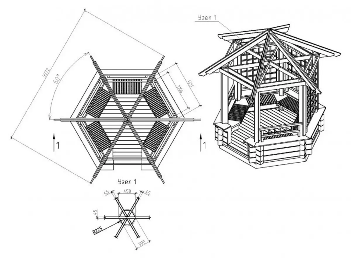 Atap empat ketat untuk Arbor melakukannya sendiri, bagaimana merancangnya dan membangun