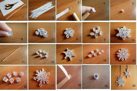 Quilling: Snowflake Schrëtt vum Schrëtt an Masterklass mat Fotosschemaen